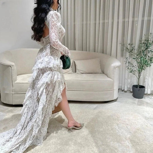 Lace Mermaid Evening Gown – High Neck, Full Sleeve, Backless Formal Dress