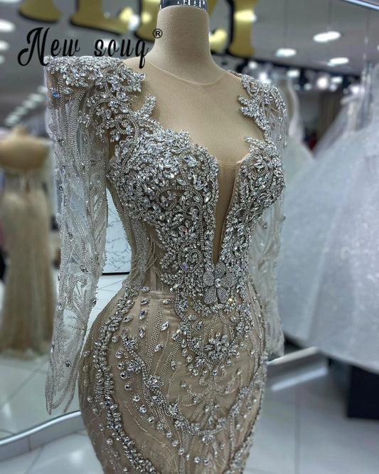 Luxury Crystal Scoop Neck Evening Gown – Long Sleeve Mermaid Formal Dress | Custom Sizing