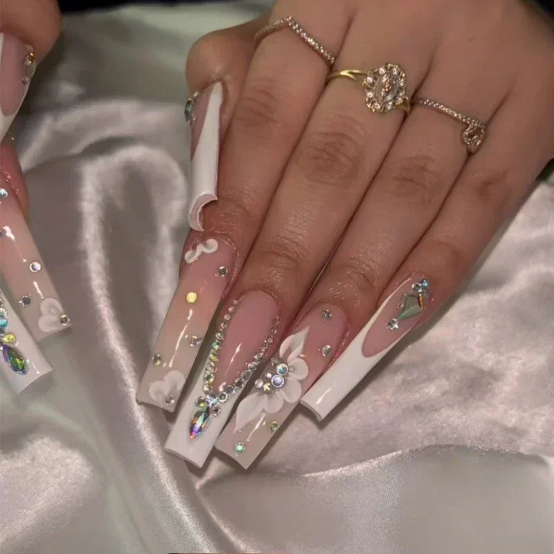 Press-On Coffin Nails | Butterfly Rhinestone Ballet False Nails Set 24Pcs