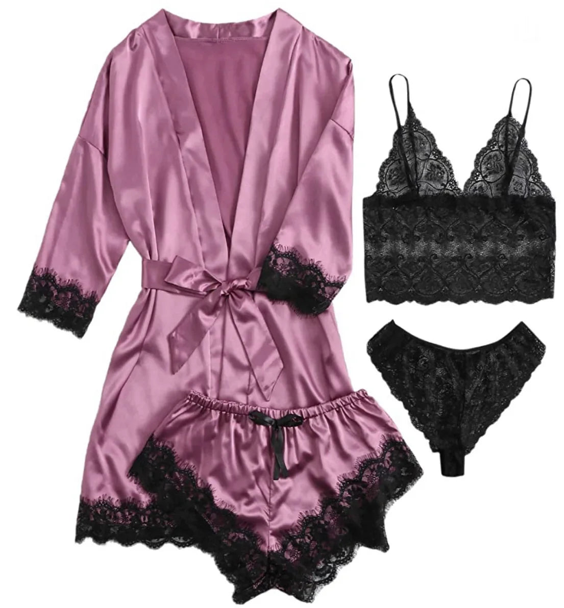 4-Piece Lace Pajama Set - Camisole, Shorts, Robe & Nightgown