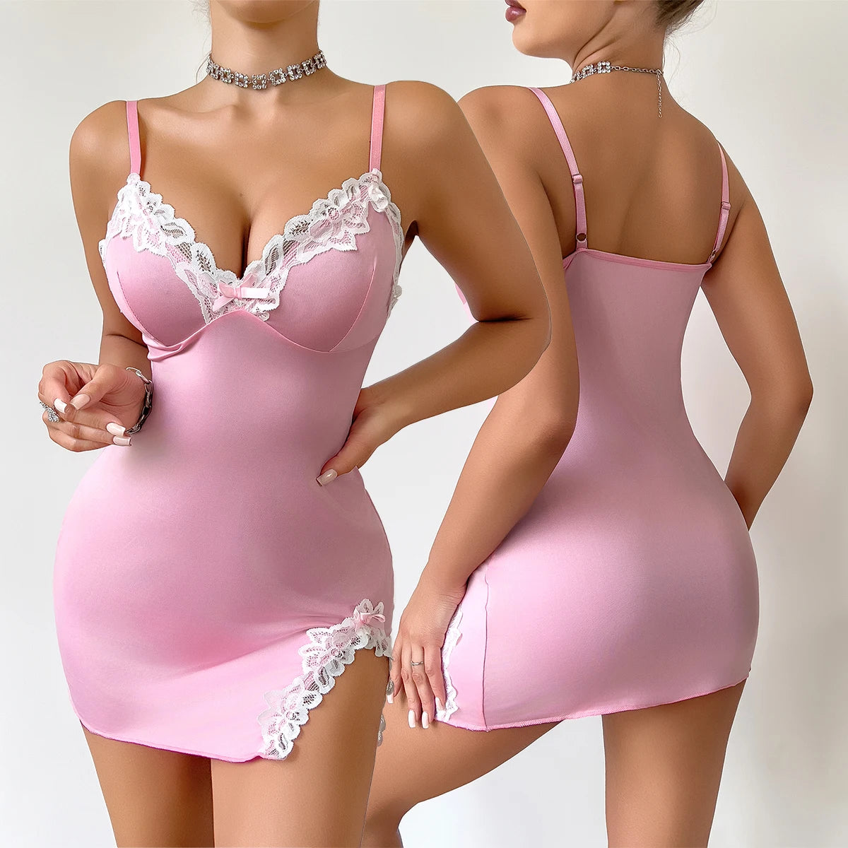 Lace Trim Deep V Nightdress - Sleeveless Babydoll Lingerie