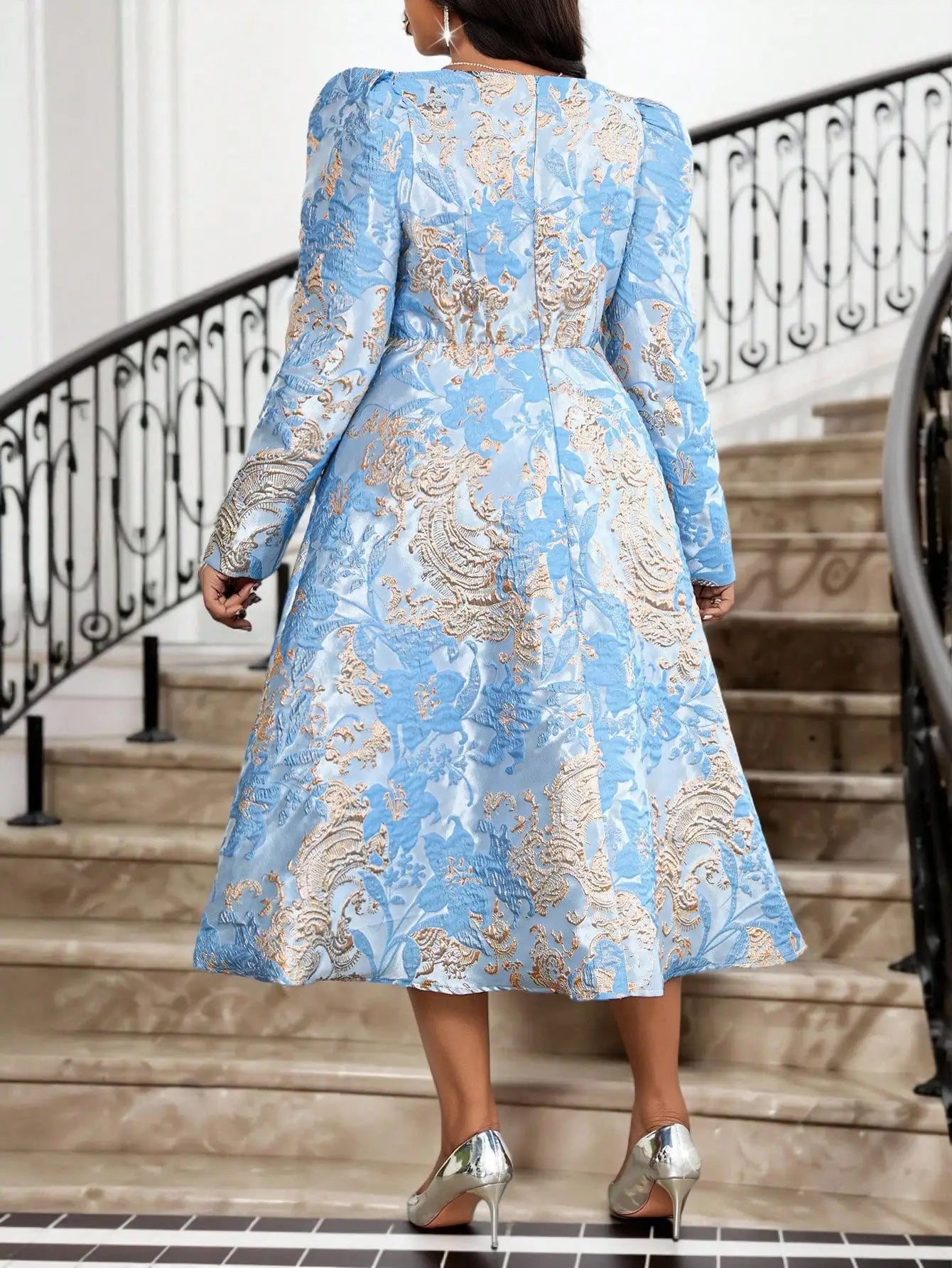 Plus Size Women's Elegant Long Sleeve Floral Brocade Dress for Party Wedding Church Events