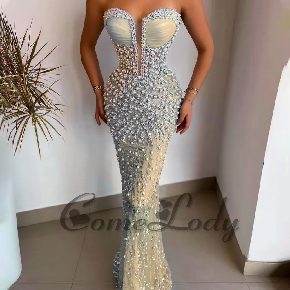 Elegant Mermaid Evening Gown | Strapless Beaded Formal Dress Custom Made