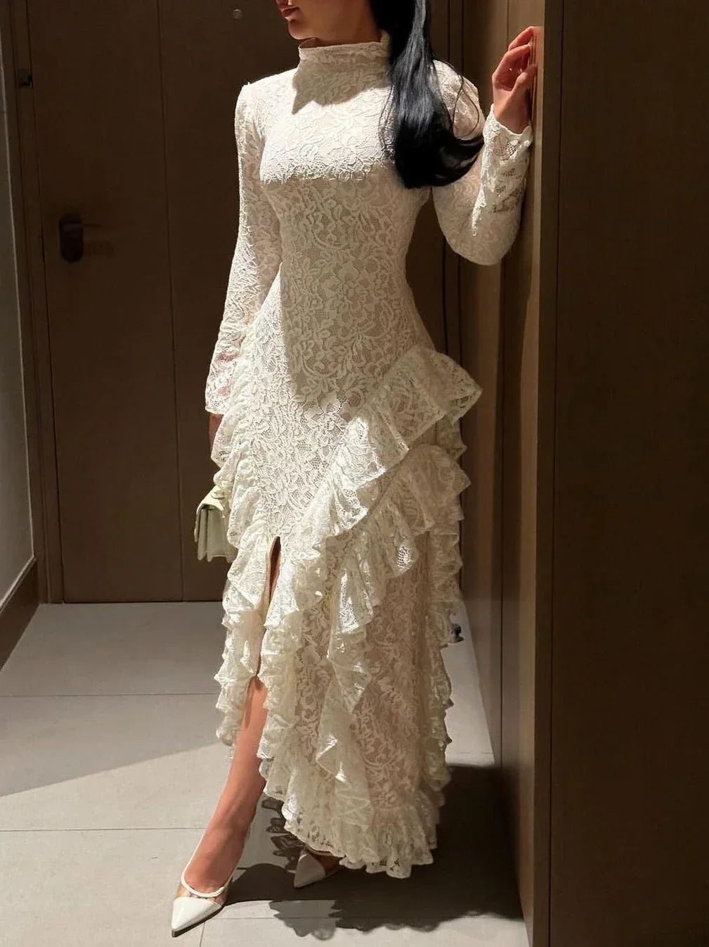 Women's Mermaid Formal Gown - Lace Ruffle Satin Dress for Prom, Wedding & Elegant Occasions