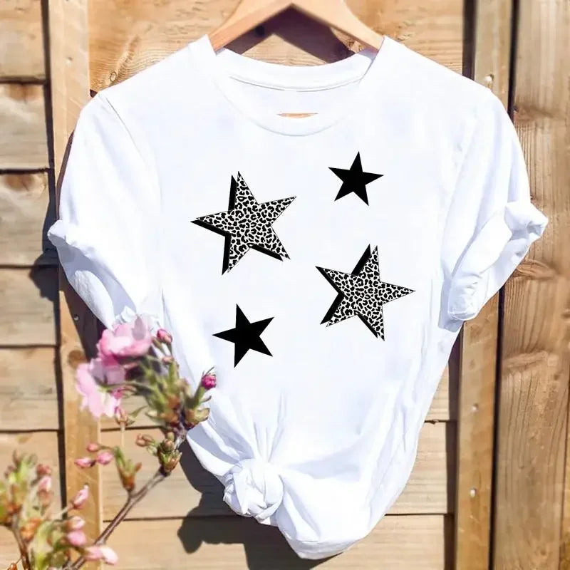 Women Leopard Love Heart Print T-shirts Fashion Graphic T Top Short Sleeve 90s Cute Spring Summer Shirt Female Tee T-Shirt