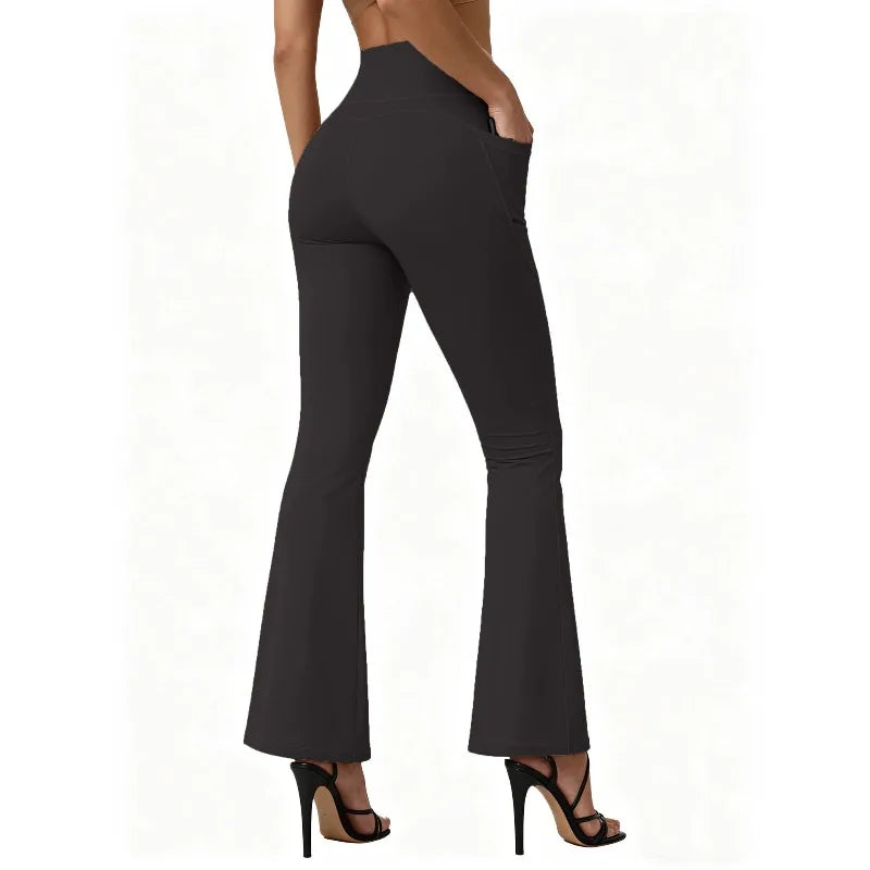 High Waisted Flared Yoga Leggings - Women's Butt Lifting Wide Leg Pants with Pockets