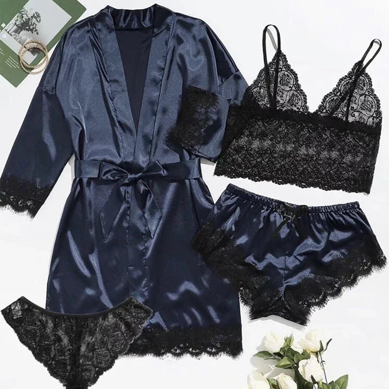 4-Piece Lace Pajama Set - Camisole, Shorts, Robe & Nightgown