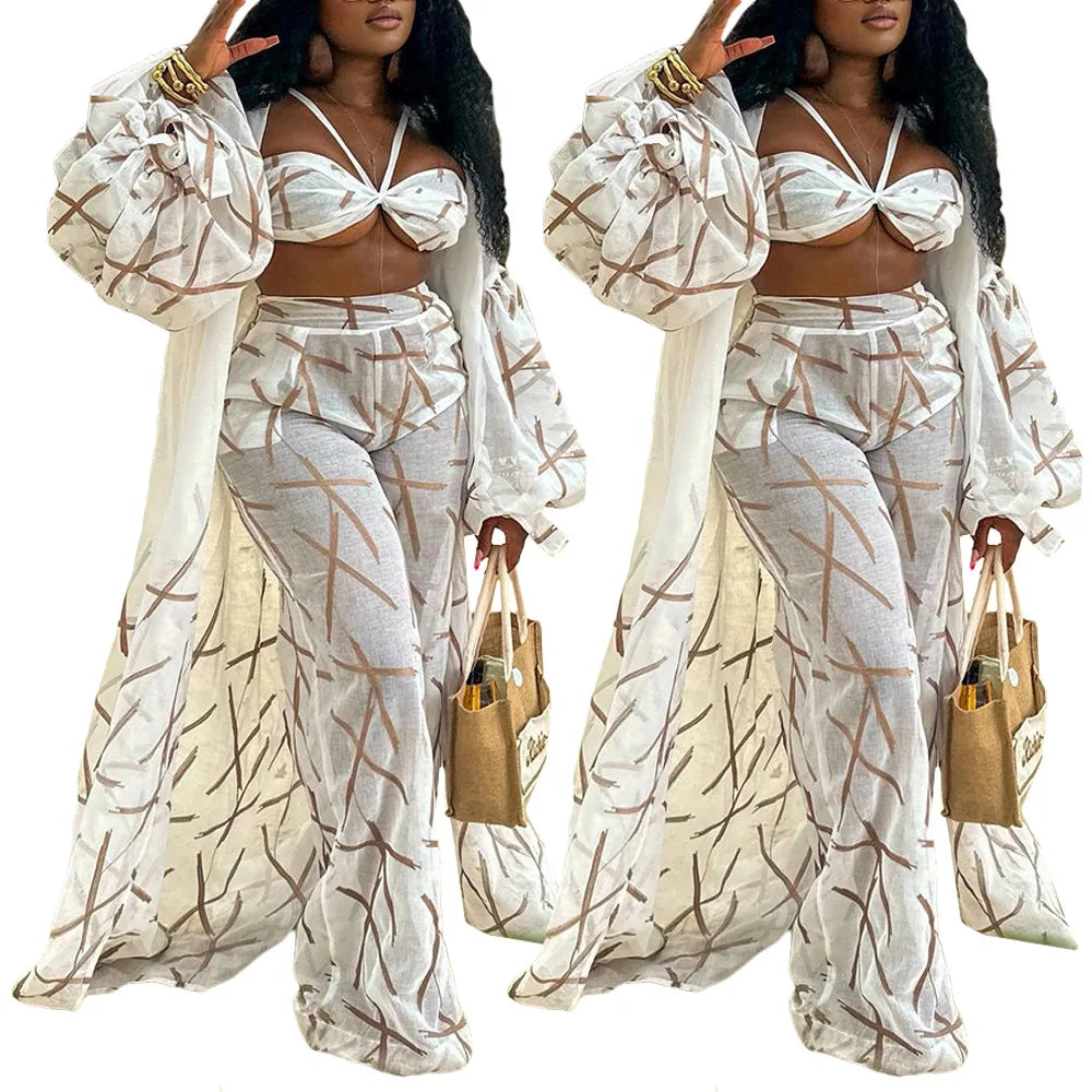 Three-Piece Linen Cardigan & Wide-Leg Pants Set - Loose Fit Outfit
