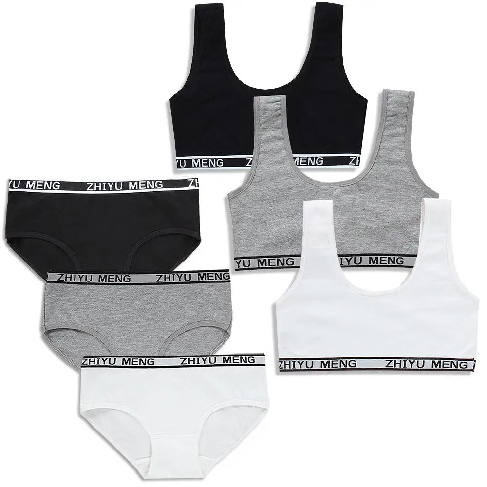 Girls' Cotton Training Bra & Panties Set - Wireless Sports Bra for Teens