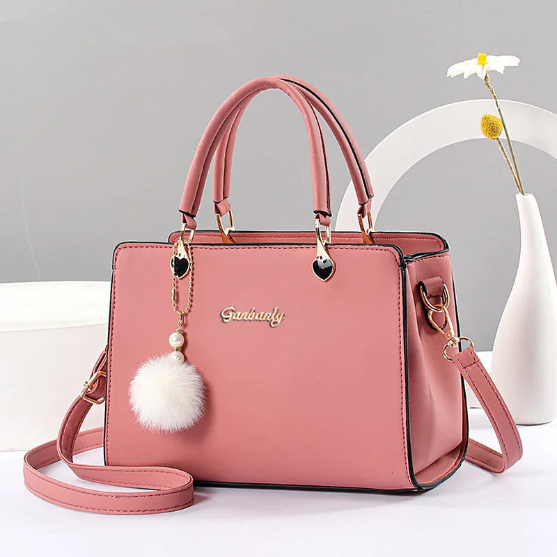 Casual Tote Bag with Pom Pom - Crossbody Shoulder Handbag