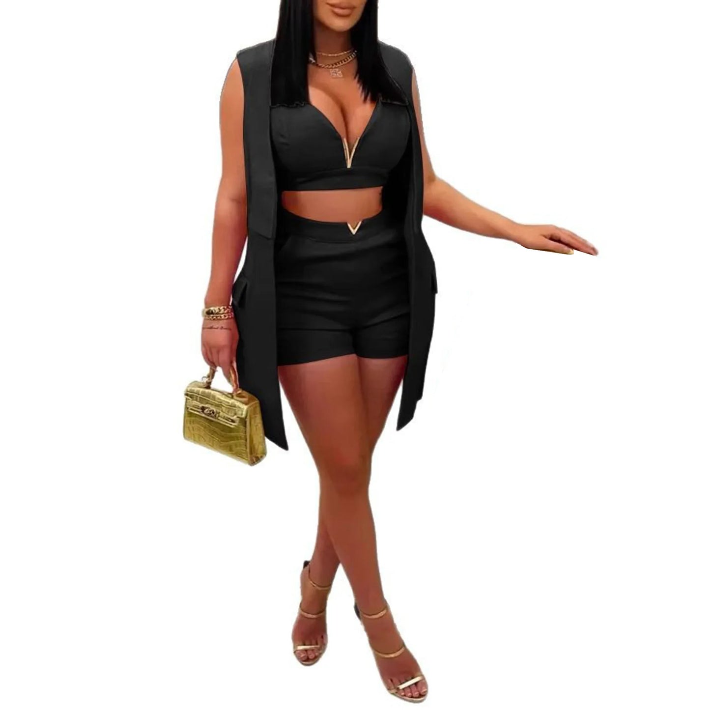 Three-Piece Blazer & Shorts Set - Sleeveless V-Neck Summer Suit