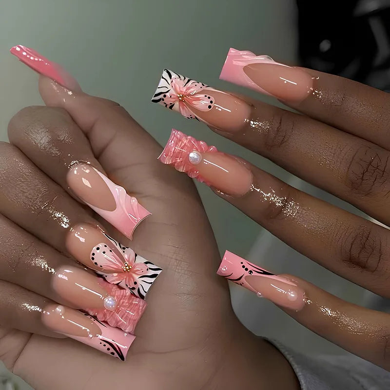 Press-On Coffin Nails | Butterfly Rhinestone Ballet False Nails Set 24Pcs