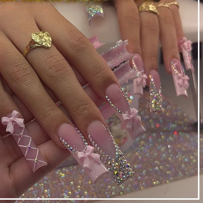 Press-On Coffin Nails | Butterfly Rhinestone Ballet False Nails Set 24Pcs