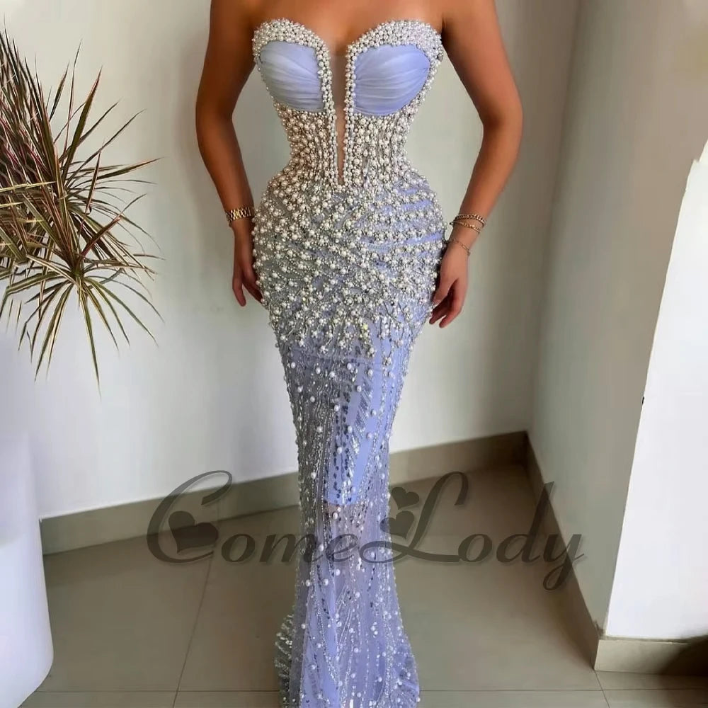 Elegant Mermaid Evening Gown | Strapless Beaded Formal Dress Custom Made