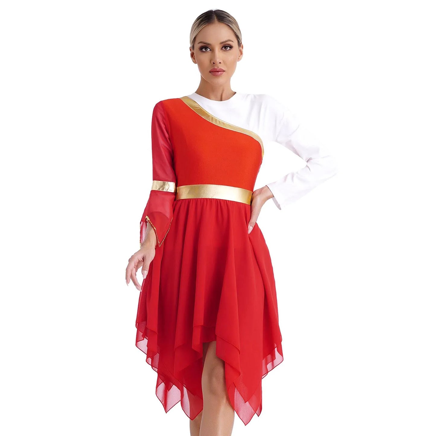 Women's Lyrical Dance Dress - One Shoulder Chiffon with Sequin Trim
