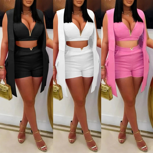 Three-Piece Blazer & Shorts Set - Sleeveless V-Neck Summer Suit