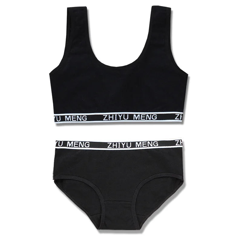 Girls' Cotton Training Bra & Panties Set - Wireless Sports Bra for Teens