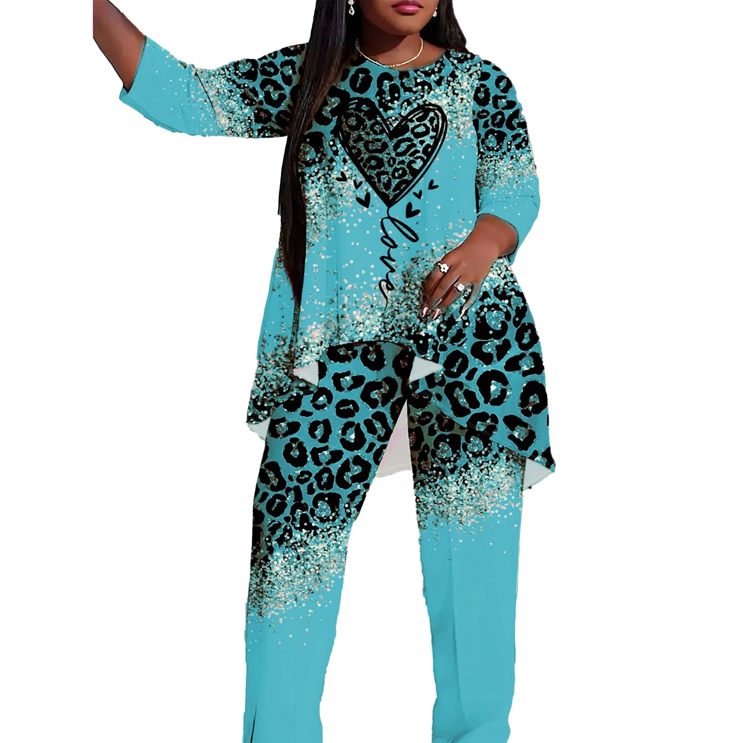 Plus Size Casual Two Piece Set - Shirt and Pants Vacation Outfit