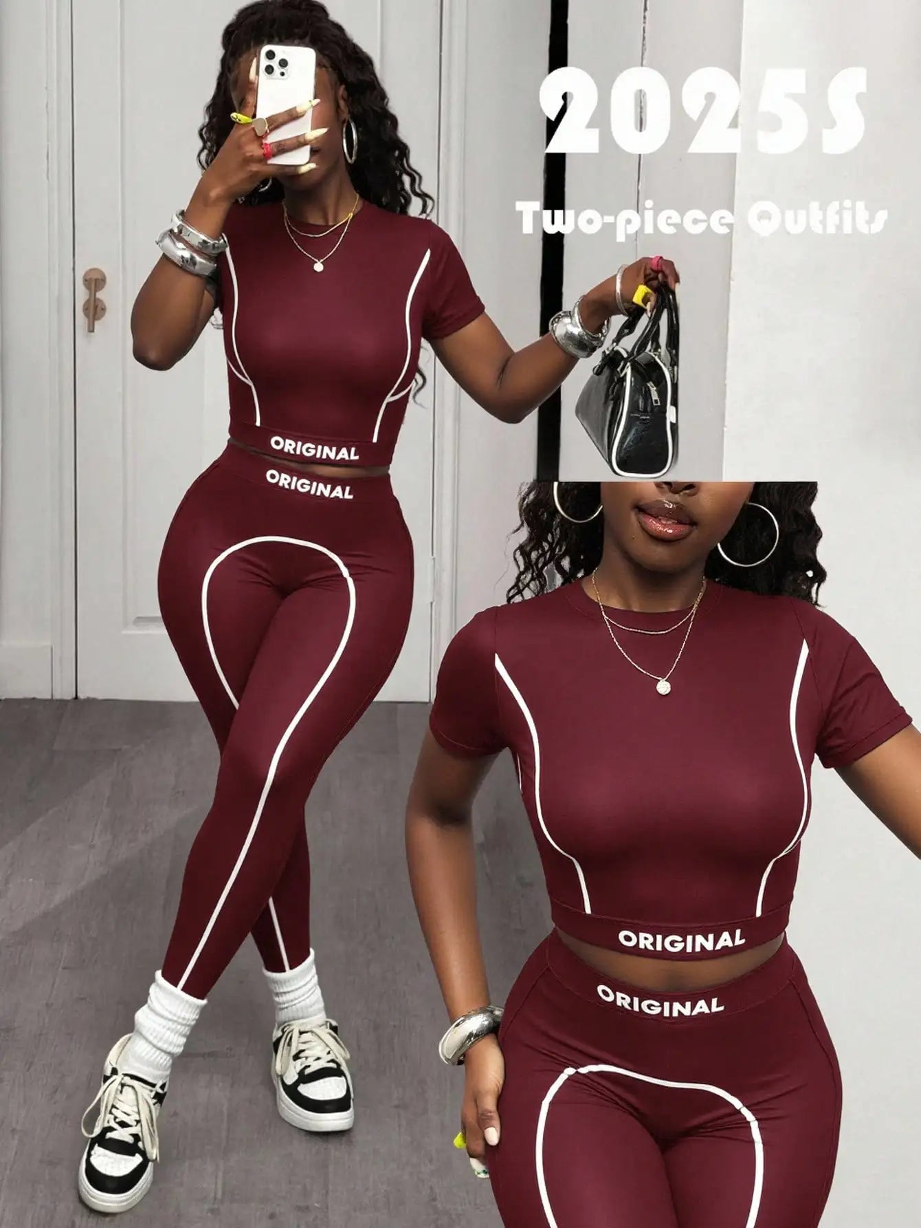 Contrast Stripe Crop Top & High-Waisted Leggings Set - Activewear