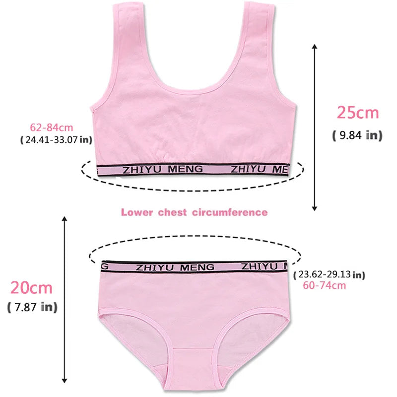 Girls' Cotton Training Bra & Panties Set - Wireless Sports Bra for Teens