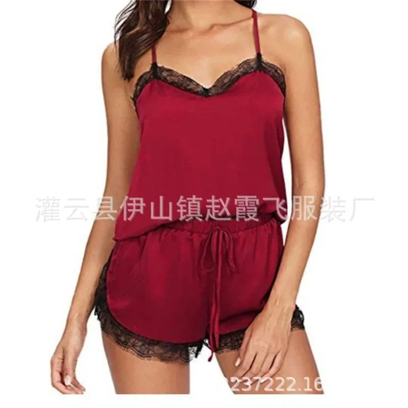 Women's Lace Babydoll Lingerie Set - Sexy V-Neck Sleepwear with Shorts