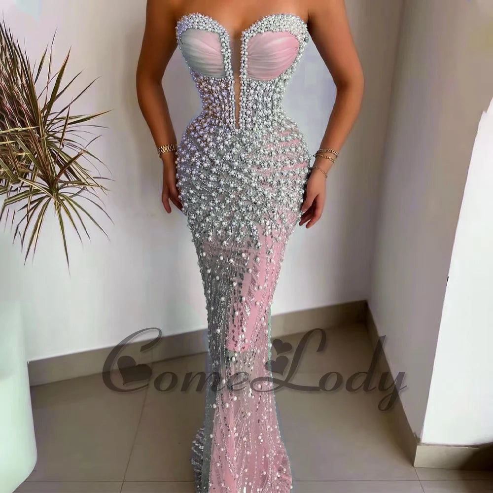 Elegant Mermaid Evening Gown | Strapless Beaded Formal Dress Custom Made
