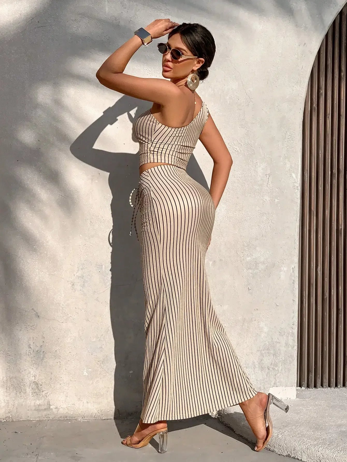 Striped Off-Shoulder Top & Pleated Mermaid Skirt Set - Two-Piece Outfit