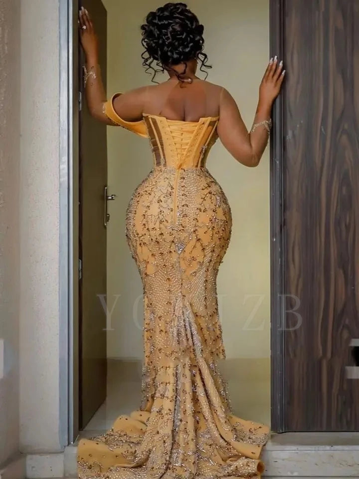 Luxury Gold Aso Ebi Prom Gown with Crystal Beading & Lace