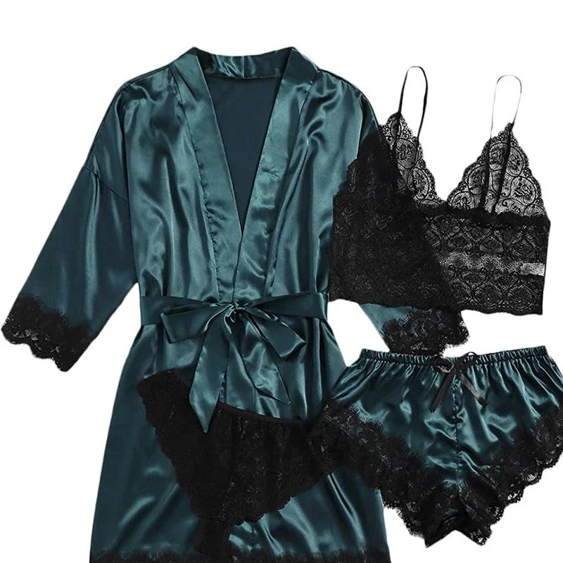 4-Piece Lace Pajama Set - Camisole, Shorts, Robe & Nightgown