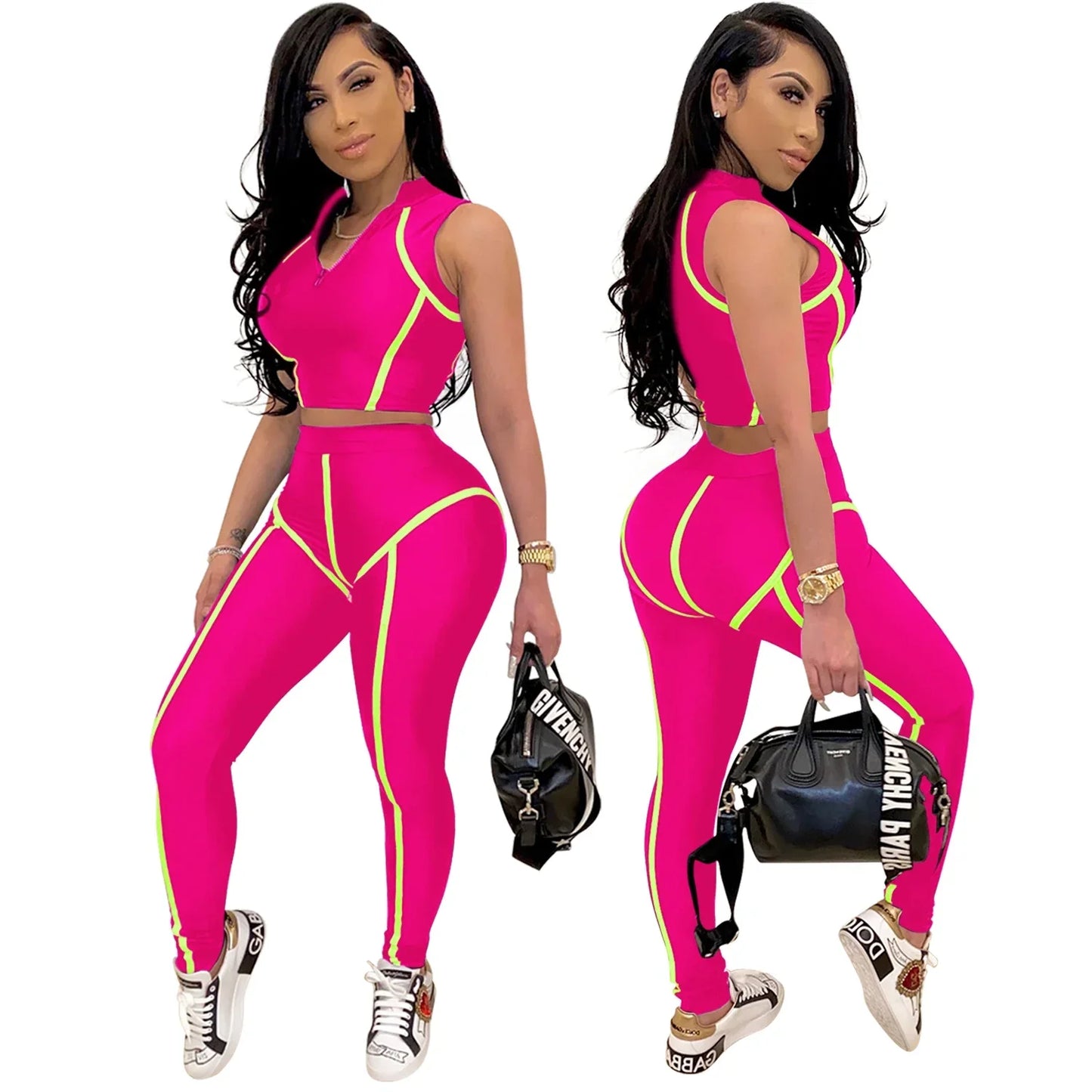 Zip-Front Crop Top & Skinny Pants Set - Street Style Two-Piece