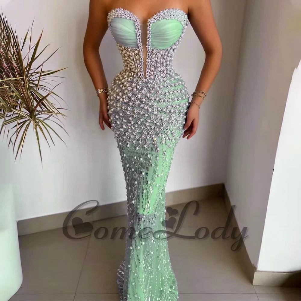 Elegant Mermaid Evening Gown | Strapless Beaded Formal Dress Custom Made