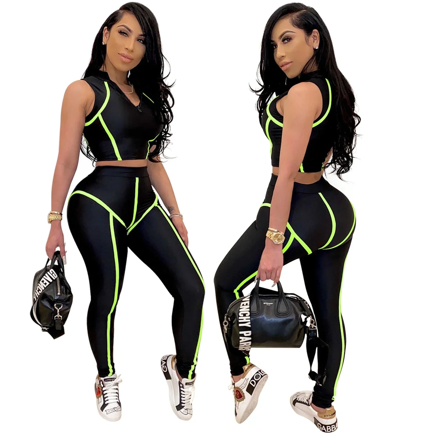 Zip-Front Crop Top & Skinny Pants Set - Street Style Two-Piece