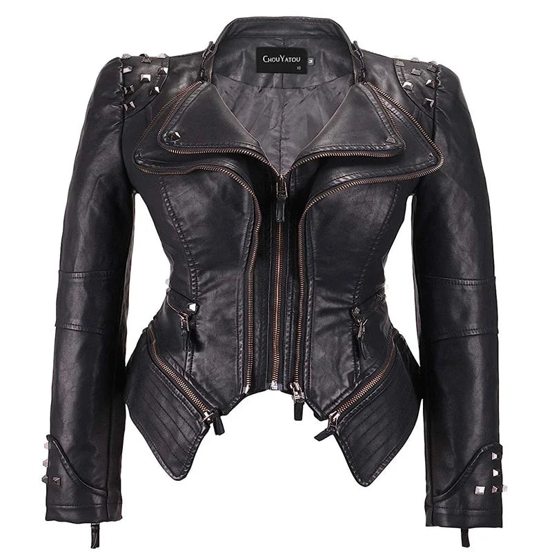 Black Washed PU Leather Jacket - 2026 Spring Suit Collar Rivet Detail