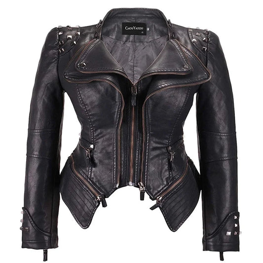 Black Washed PU Leather Jacket - 2026 Spring Suit Collar Rivet Detail