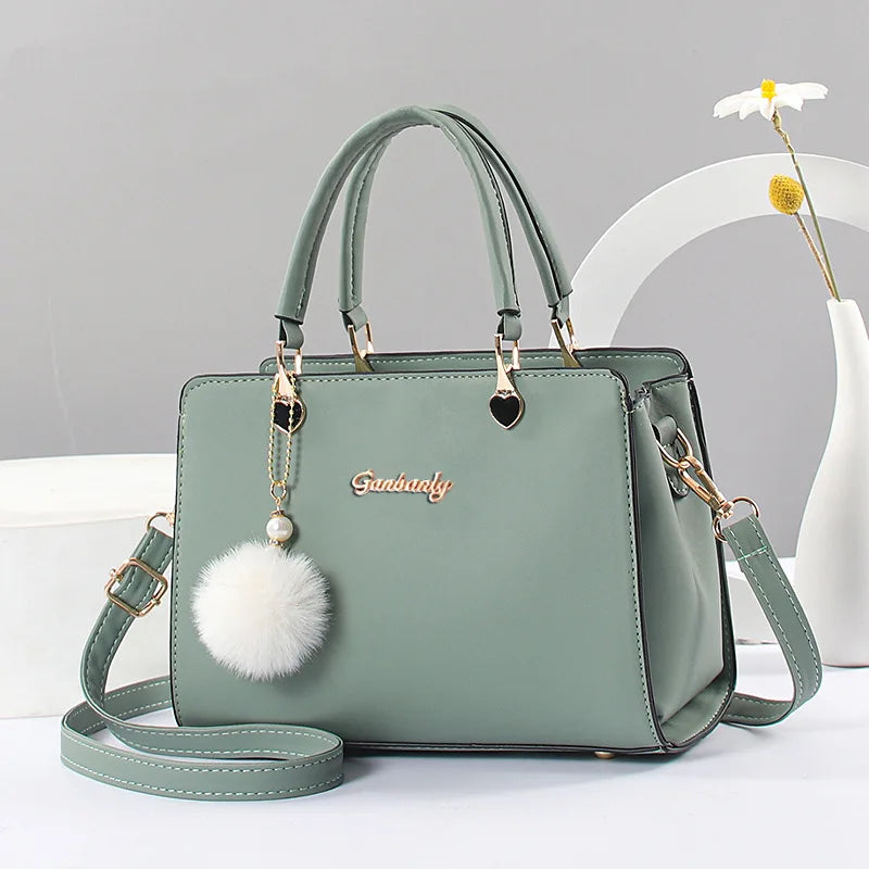 Casual Tote Bag with Pom Pom - Crossbody Shoulder Handbag