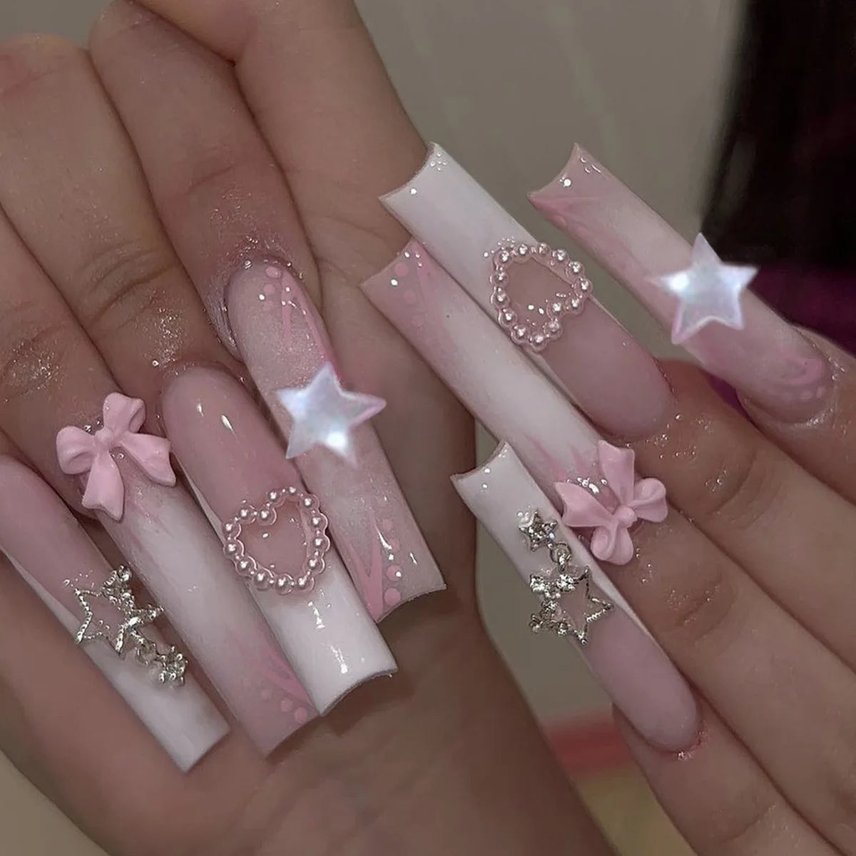 Press-On Coffin Nails | Butterfly Rhinestone Ballet False Nails Set 24Pcs