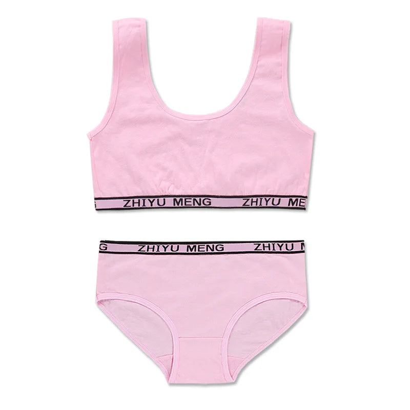 Girls' Cotton Training Bra & Panties Set - Wireless Sports Bra for Teens
