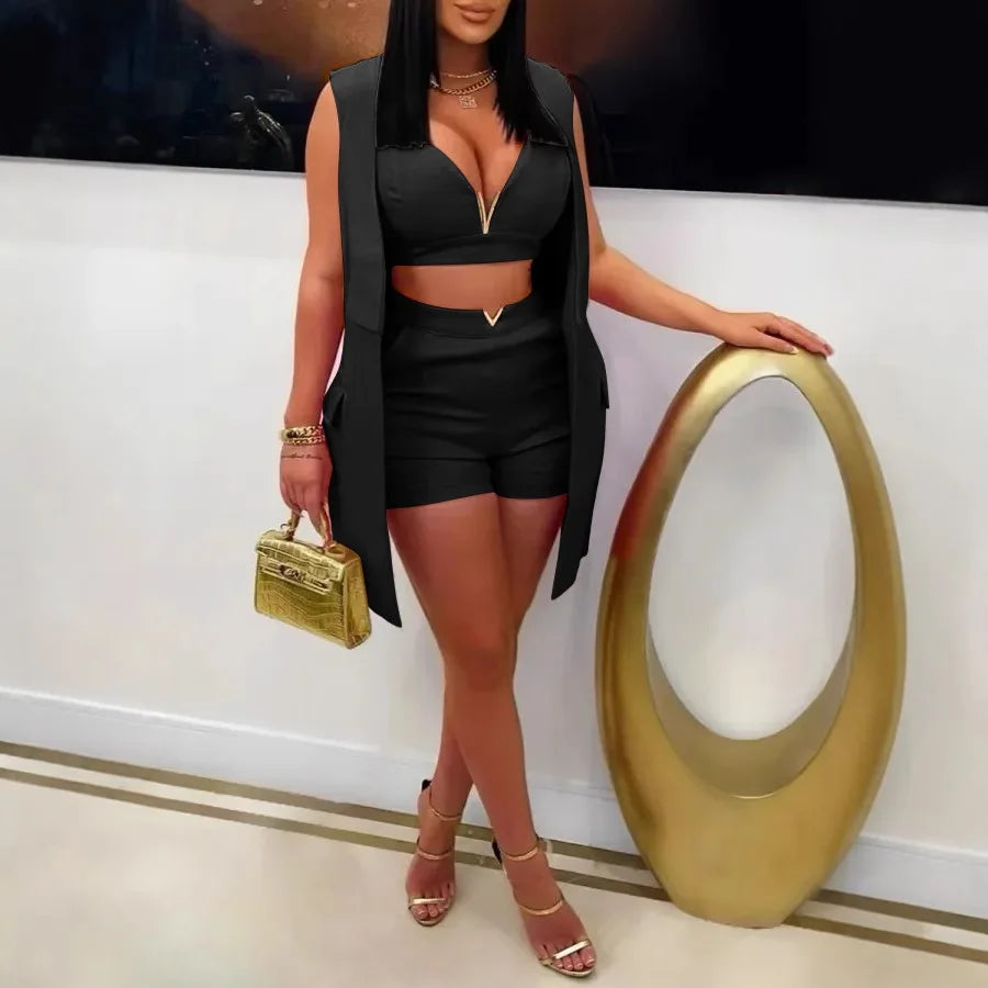 Three-Piece Blazer & Shorts Set - Sleeveless V-Neck Summer Suit