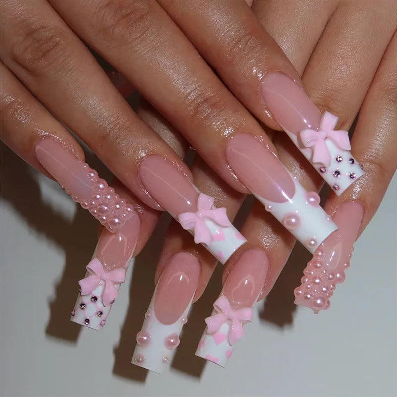 Press-On Coffin Nails | Butterfly Rhinestone Ballet False Nails Set 24Pcs