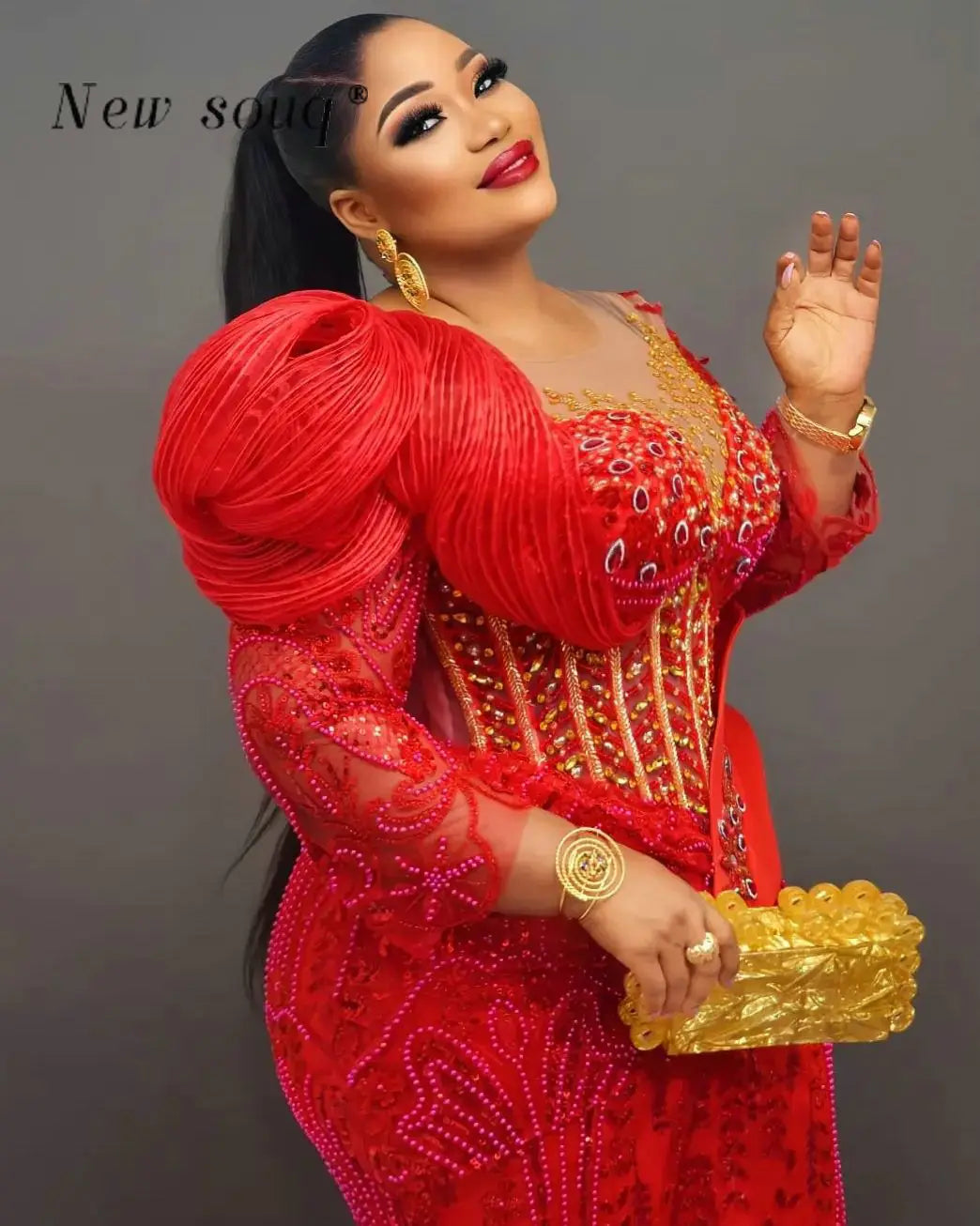 Plus Size Red Mermaid Evening Gown with Crystal Beading & Sweep Train