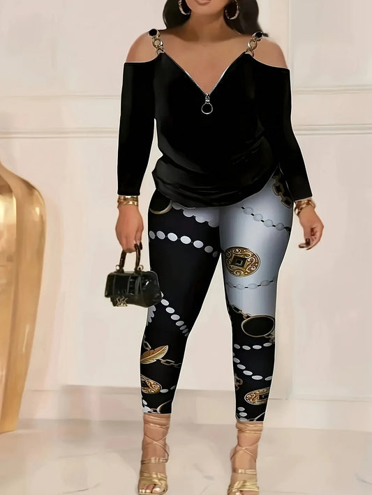 Plus Size Off-Shoulder Zip Top & Printed Pants Set - Two Piece Outfit