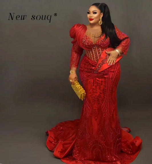 Plus Size Red Mermaid Evening Gown with Crystal Beading & Sweep Train