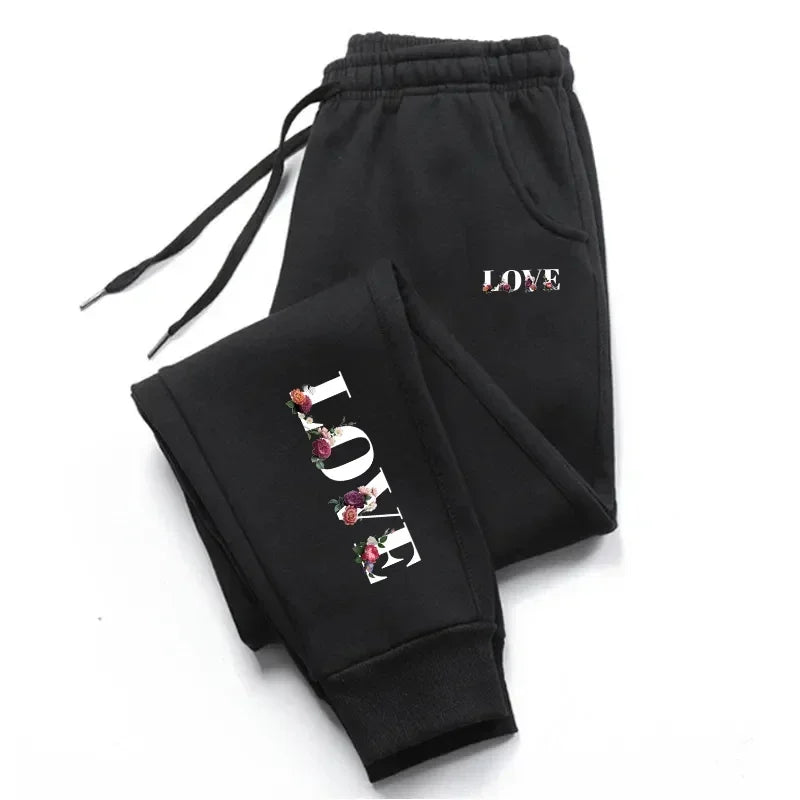 Love & Flower Pattern Sweat Pants - Harajuku Style