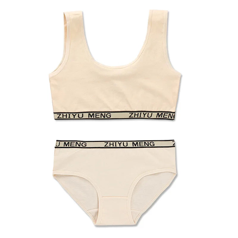 Girls' Cotton Training Bra & Panties Set - Wireless Sports Bra for Teens