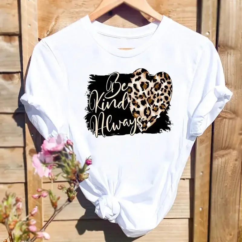 Women Leopard Love Heart Print T-shirts Fashion Graphic T Top Short Sleeve 90s Cute Spring Summer Shirt Female Tee T-Shirt