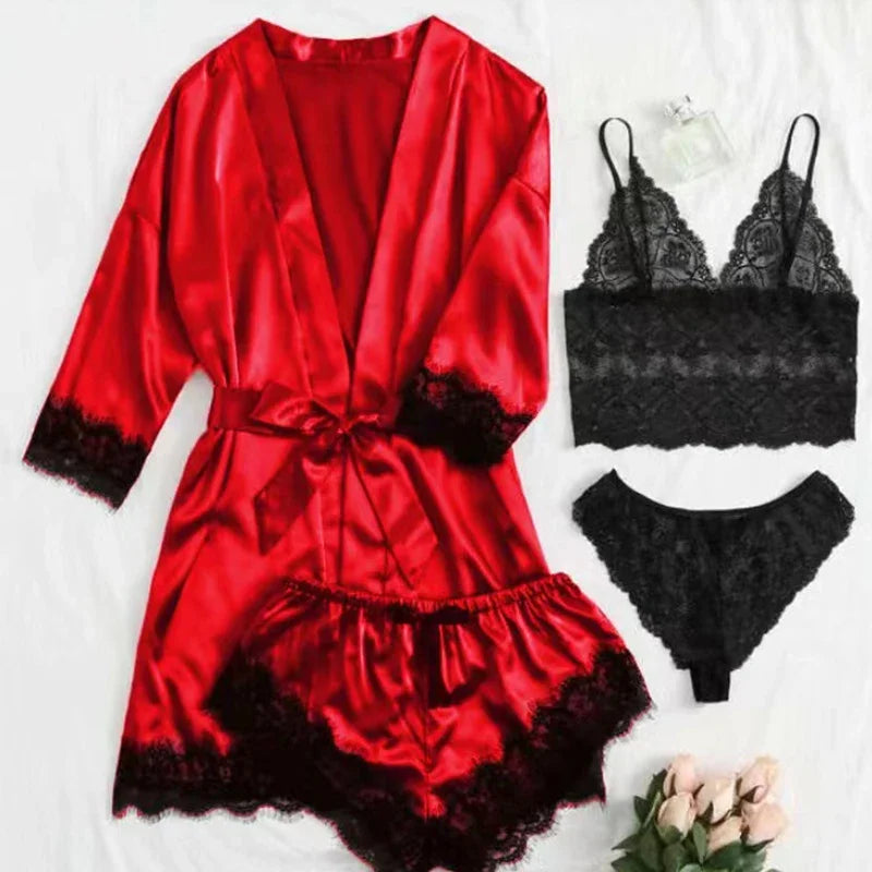 4-Piece Lace Pajama Set - Camisole, Shorts, Robe & Nightgown