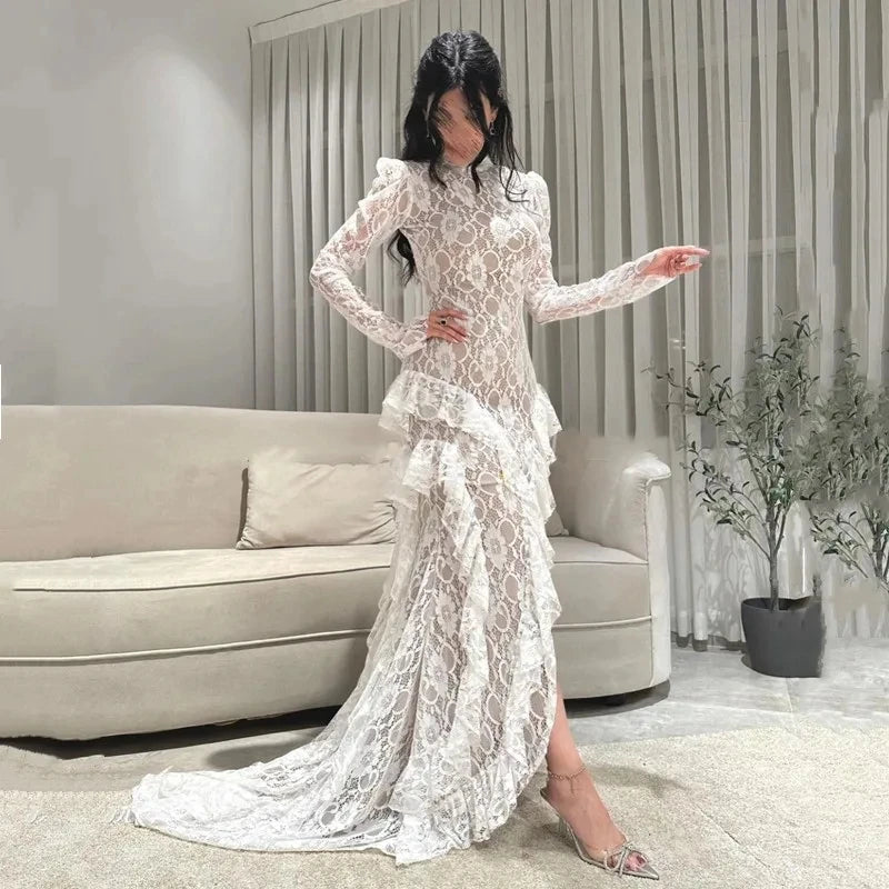 Lace Mermaid Evening Gown – High Neck, Full Sleeve, Backless Formal Dress