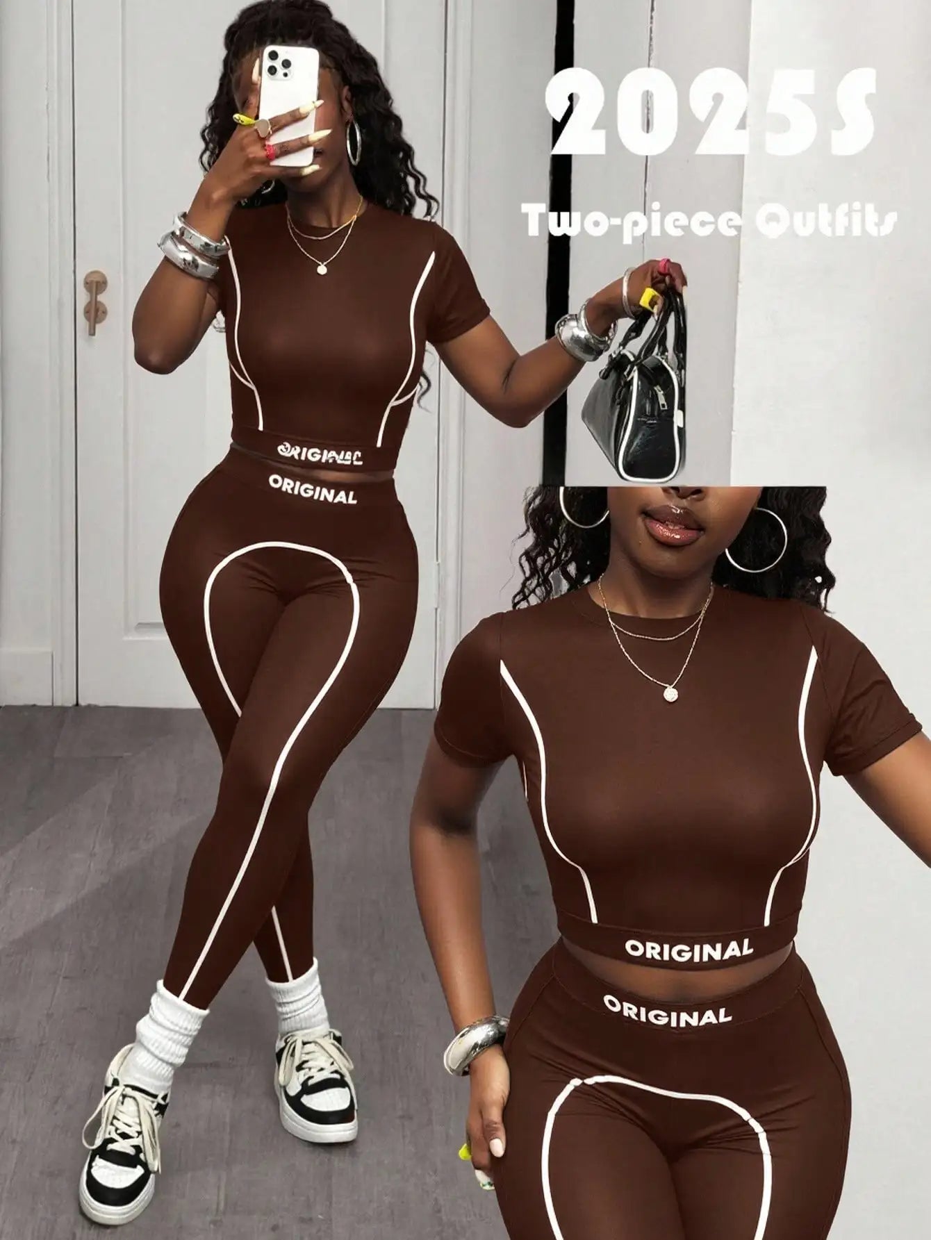 Contrast Stripe Crop Top & High-Waisted Leggings Set - Activewear