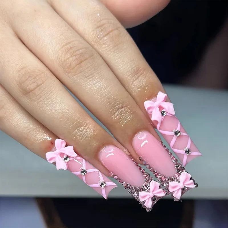 Press-On Coffin Nails | Butterfly Rhinestone Ballet False Nails Set 24Pcs