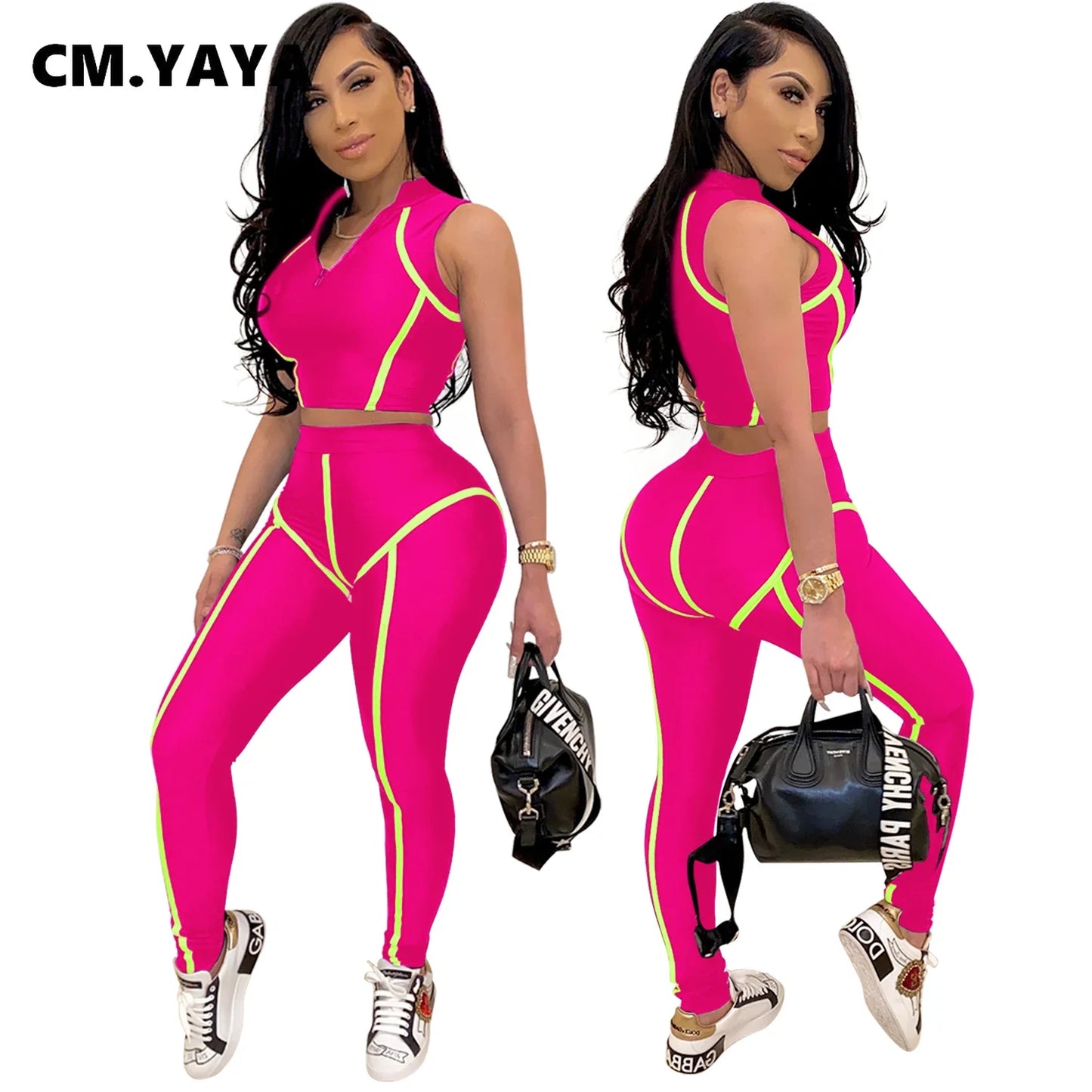 Zip-Front Crop Top & Skinny Pants Set - Street Style Two-Piece